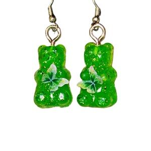 Green Glam Gummy Bear Butterfly Resin Earrings